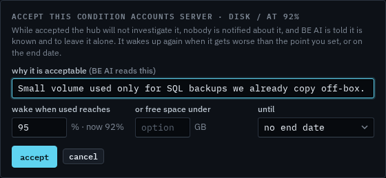 Accept this condition popover with a note and re-arm percent