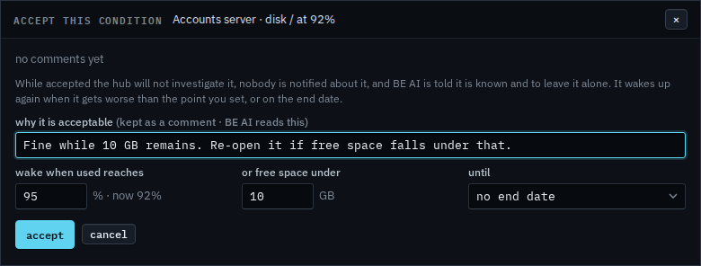 Accept form with free space under set to 10 GB and a note, not yet saved