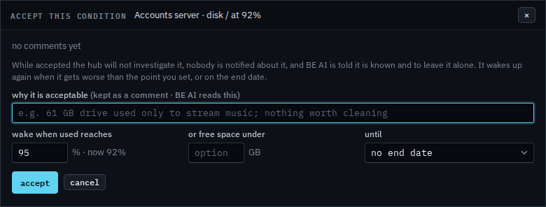Accept form with until set to no end date and a 95 percent re-arm
