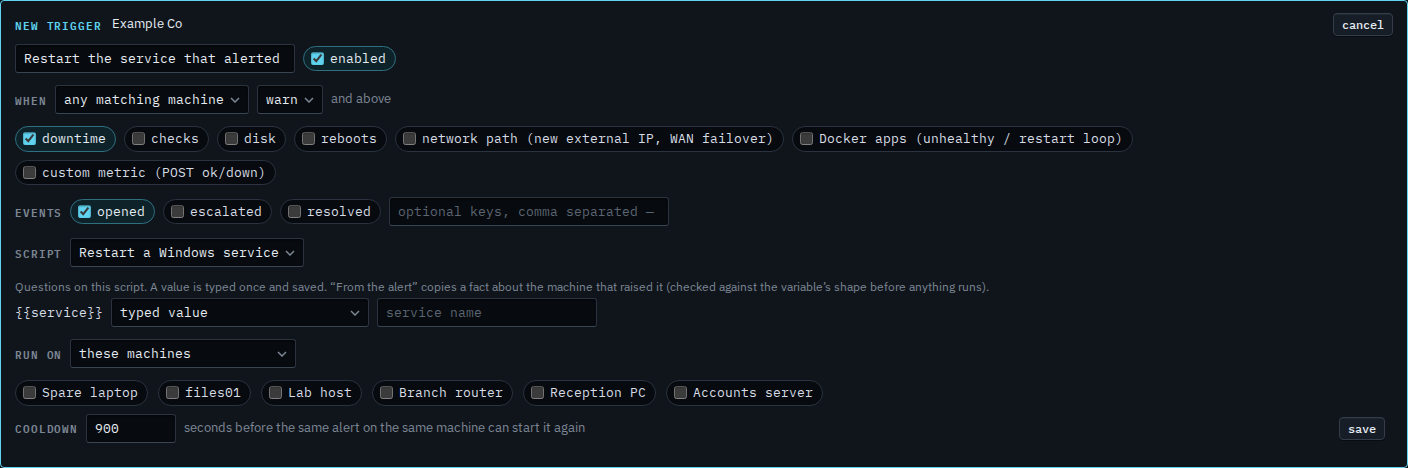 New alert script trigger with an empty typed value for the service name