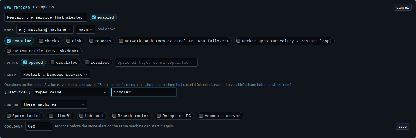 Alert script trigger with the service name typed as Spooler