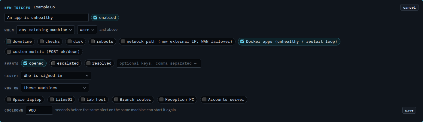 Alert script trigger with only the Docker apps kind ticked