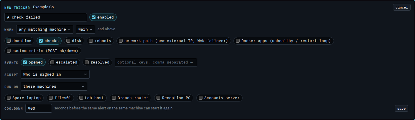 Alert script trigger with only the checks kind ticked