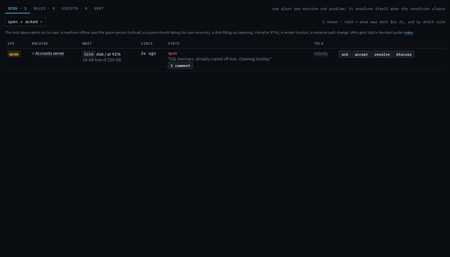Alert row showing the saved comment