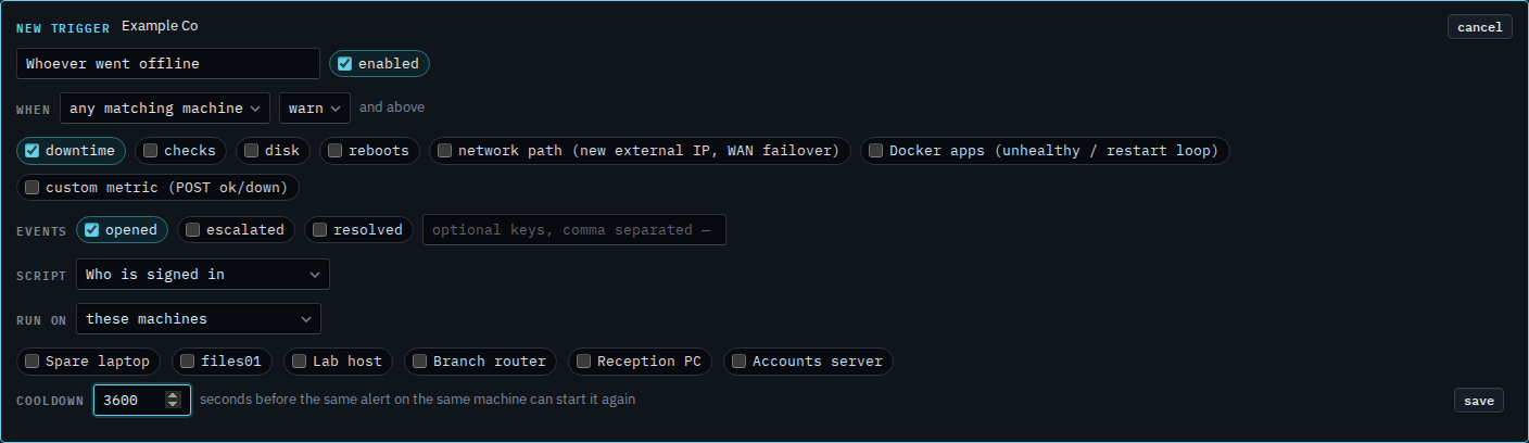 Alert script trigger with cooldown set to 3600 seconds