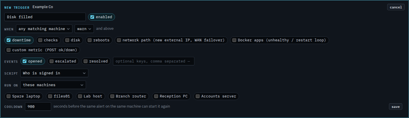 New alert script trigger with downtime ticked and the other kinds clear