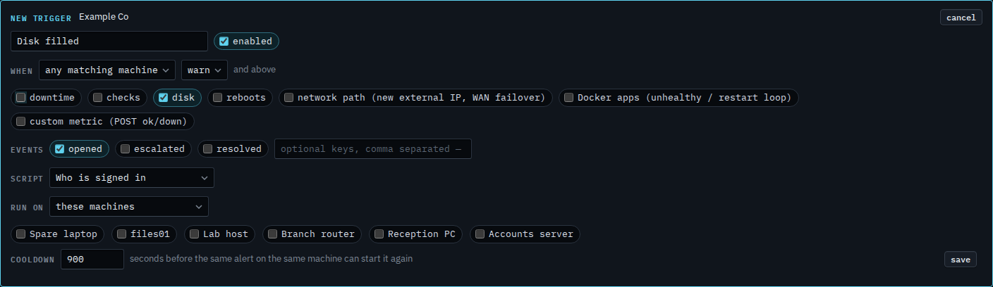 Alert script trigger with only the disk kind ticked
