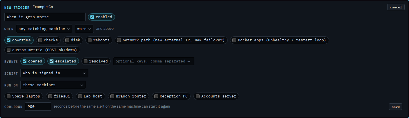 Alert script trigger with opened and escalated ticked