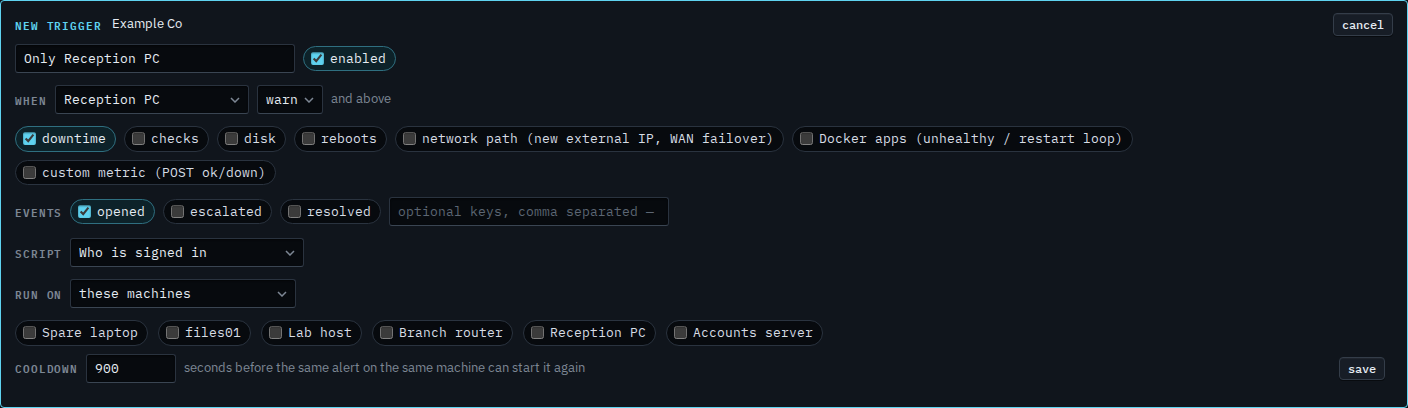 Alert script trigger with when set to Reception PC