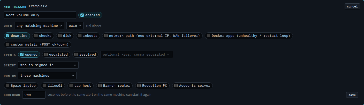 New alert script trigger with an empty key box and downtime ticked