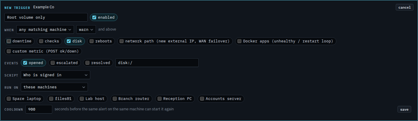Alert script trigger with the disk kind ticked and the key set to disk:/