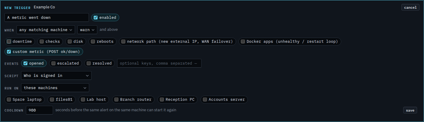 Alert script trigger with only the custom metric kind ticked