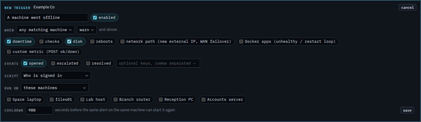 New alert script trigger with downtime and disk both ticked