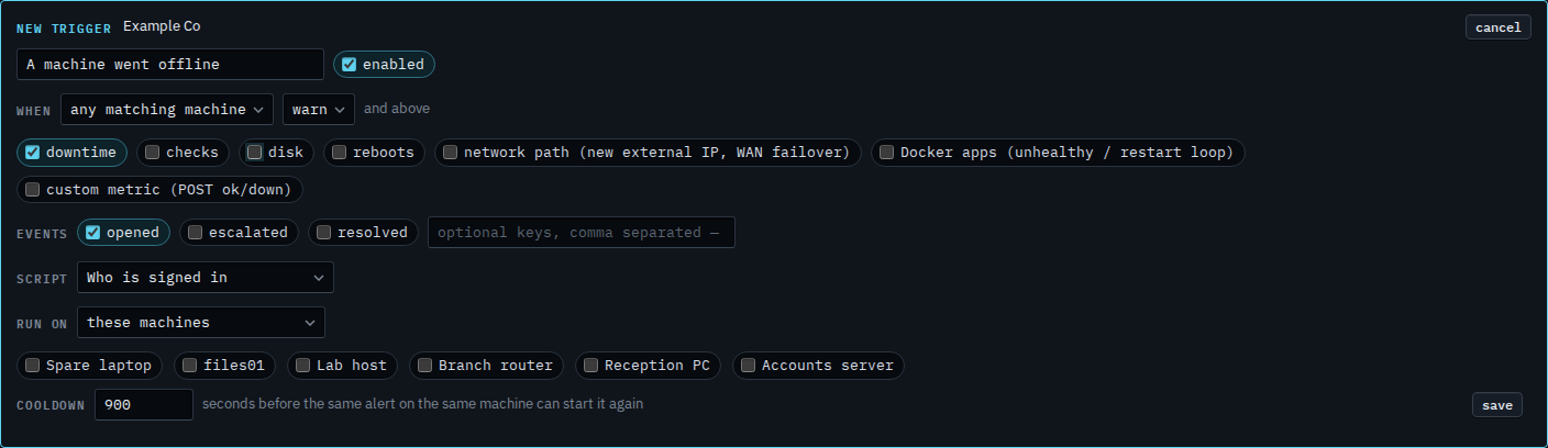 Alert script trigger with only the downtime kind ticked