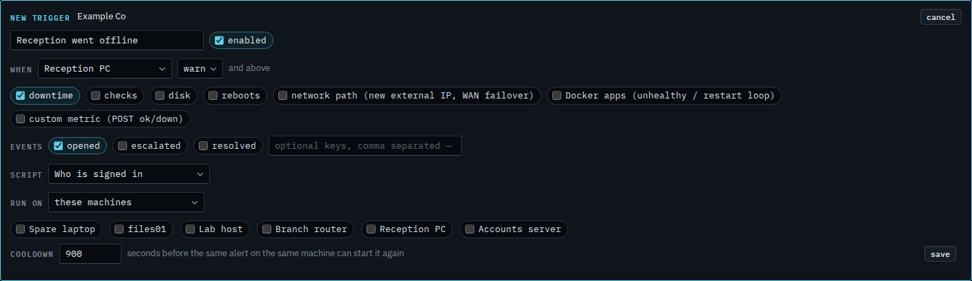 New alert script trigger for Reception PC, with run on still set to these machines