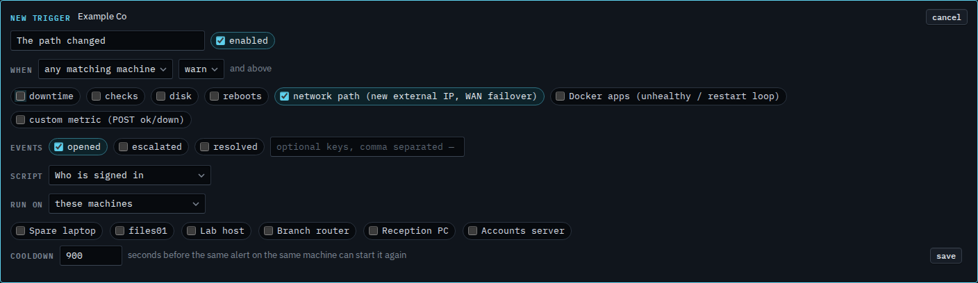 Alert script trigger with only the network path kind ticked