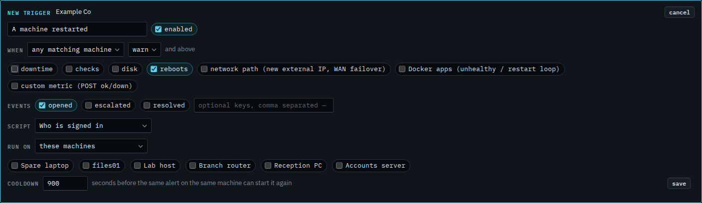 Alert script trigger with only the reboots kind ticked