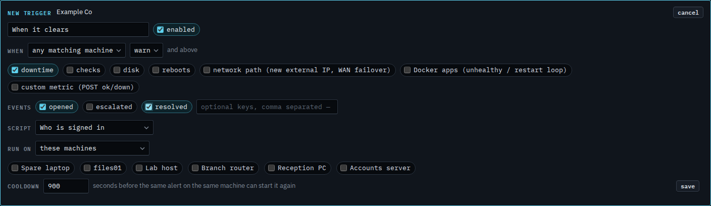 Alert script trigger with opened and resolved ticked