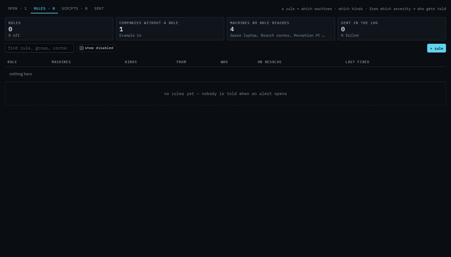 Alerts rules tab with no rules yet, and a + rule button