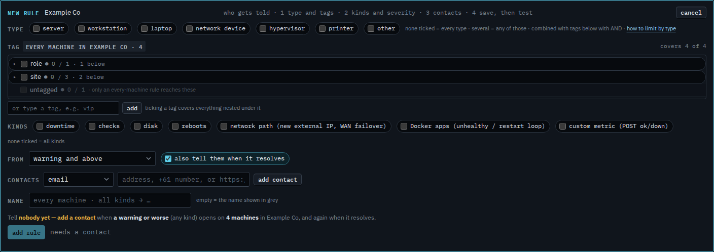 New rule editor: type, tags, kinds, severity, contacts