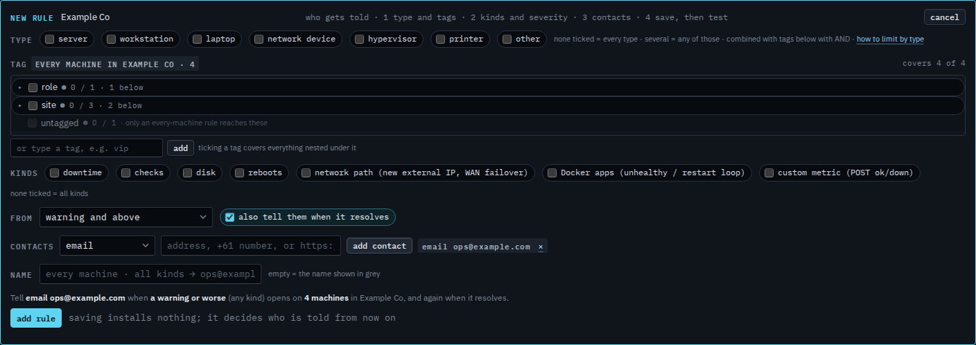 Rule editor with an email contact added and the preview sentence filled in