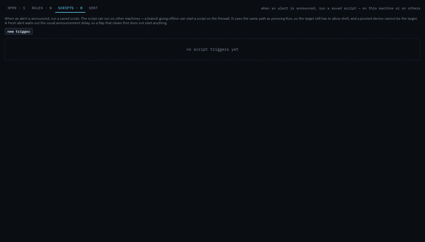 Alerts scripts tab with a new trigger button and no triggers yet