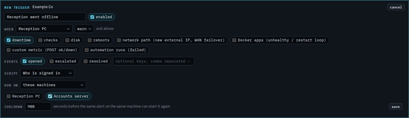 New alert script trigger filled in for Reception PC going offline