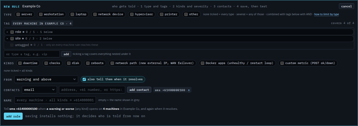 Rule editor with an SMS contact chip