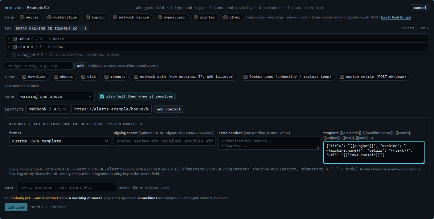 New alert rule with webhook channel, custom format, and a JSON template