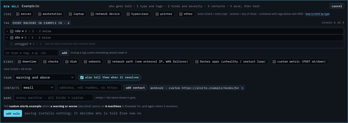 Rule editor with a custom webhook contact chip