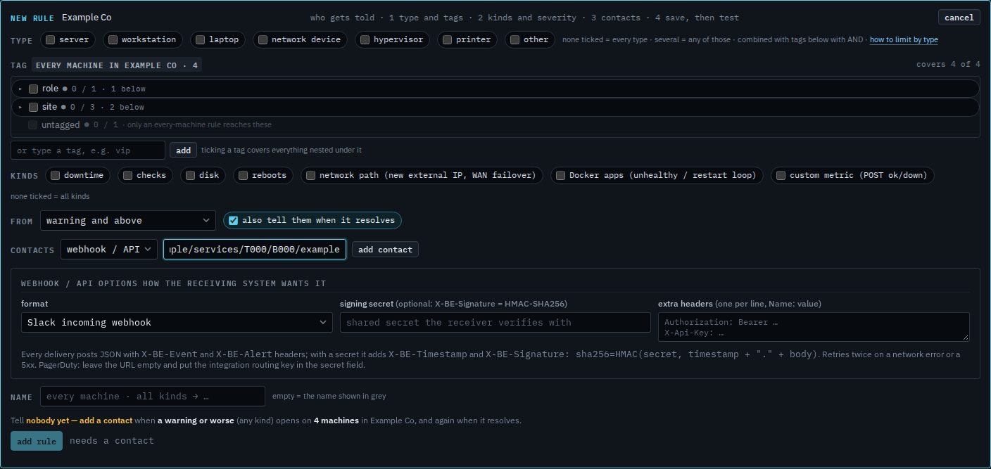 New alert rule with webhook channel and Slack format selected