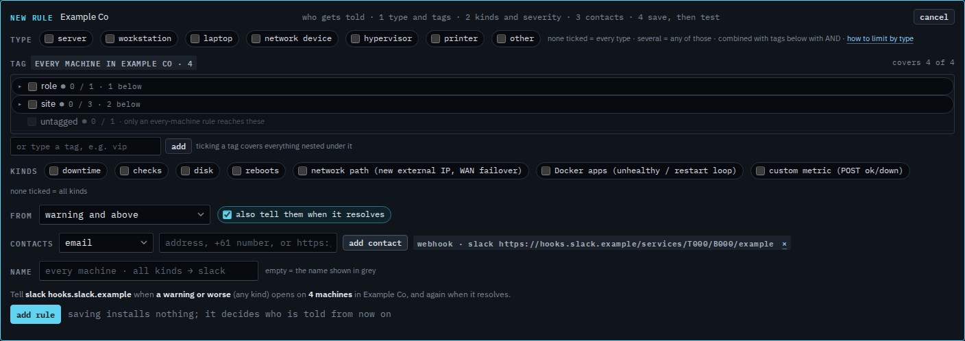 Rule editor with a Slack webhook contact chip