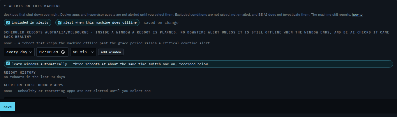 Alerts panel on Spare laptop with included in alerts and offline both ticked