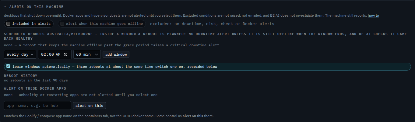 Alerts panel with included in alerts cleared and the excluded status line