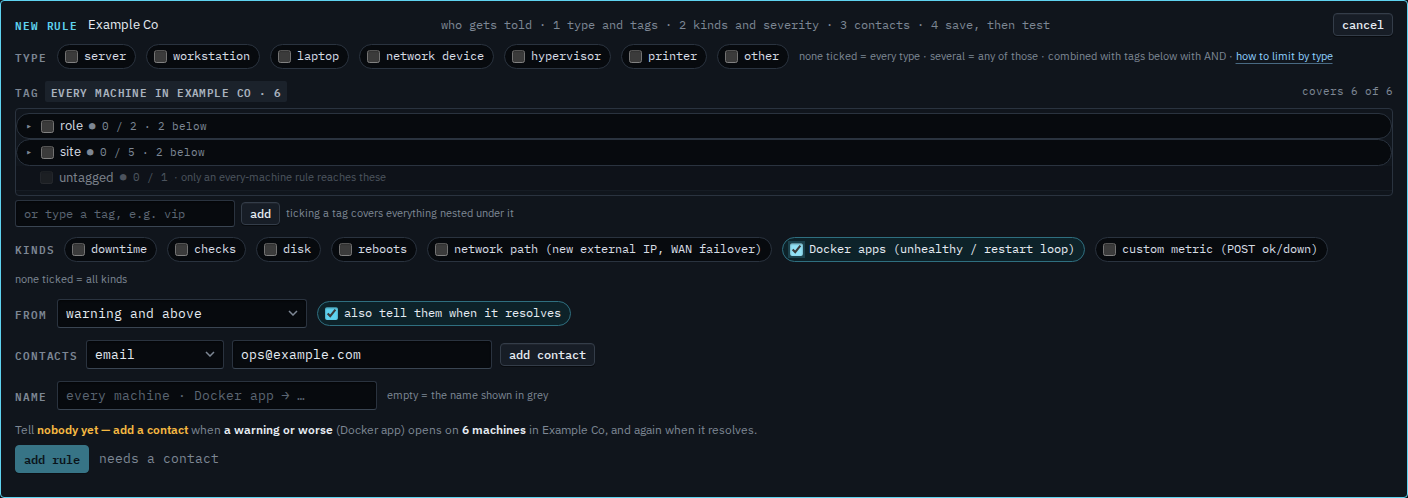 New alert rule with the Docker app kind ticked and an email address in the contact field