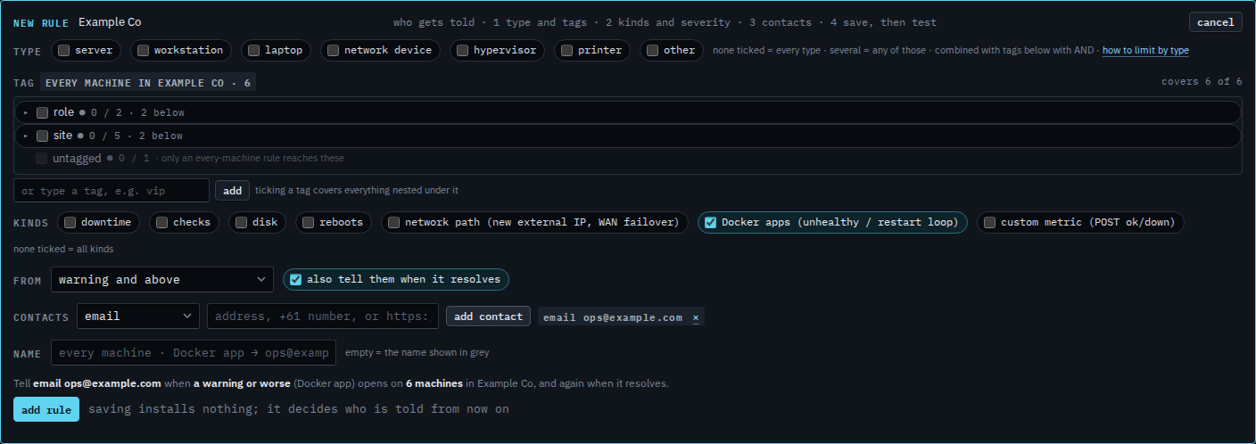 Rule editor with Docker app ticked, an email contact, and a preview that names Docker app