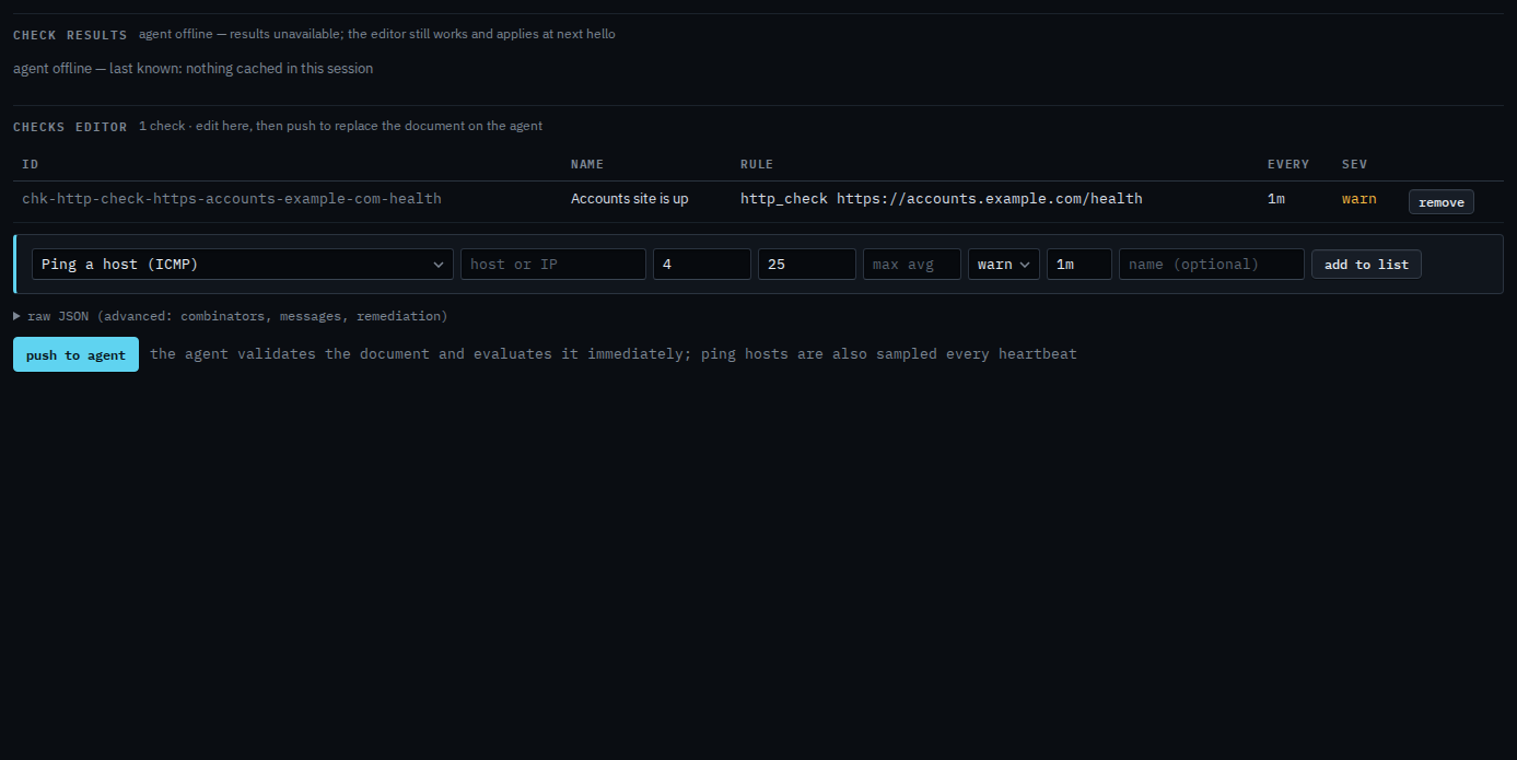 Checks list with an app check named Accounts site is up, not yet pushed
