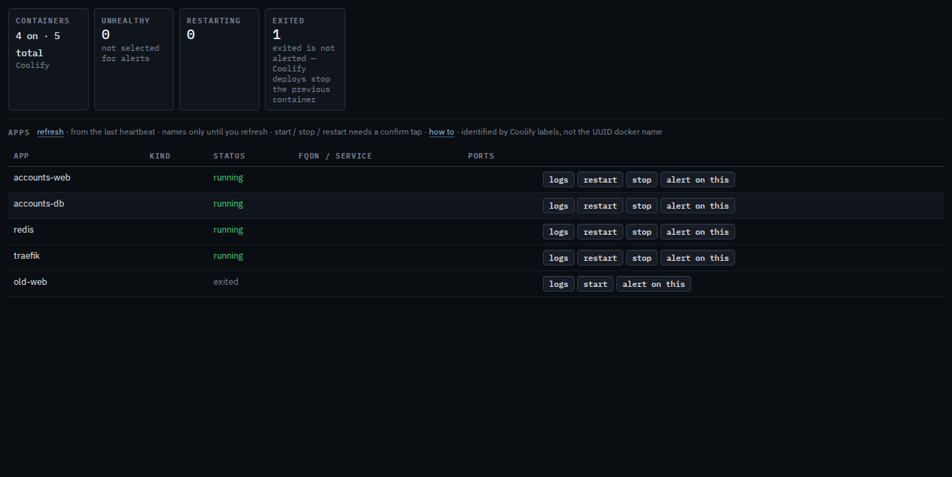 Containers tab with a logs button on each running Docker app