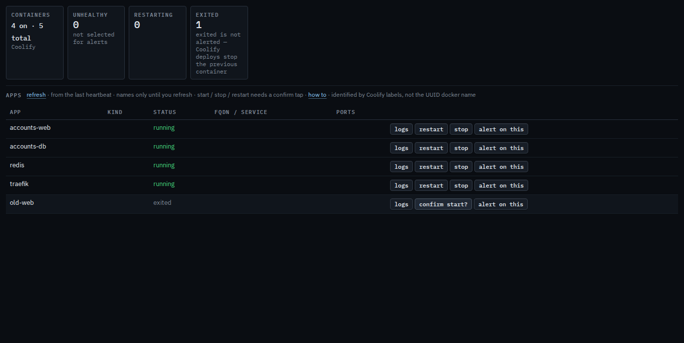 Containers tab with start on old-web changed to confirm start