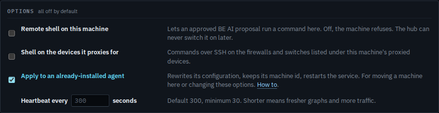 Install options with Apply to an already-installed agent ticked