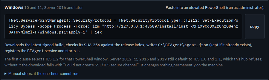 Windows install command whose URL includes apply=1