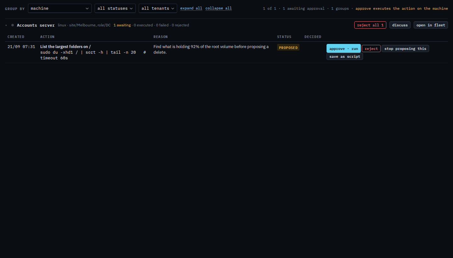 Proposals page with one awaiting run_shell card