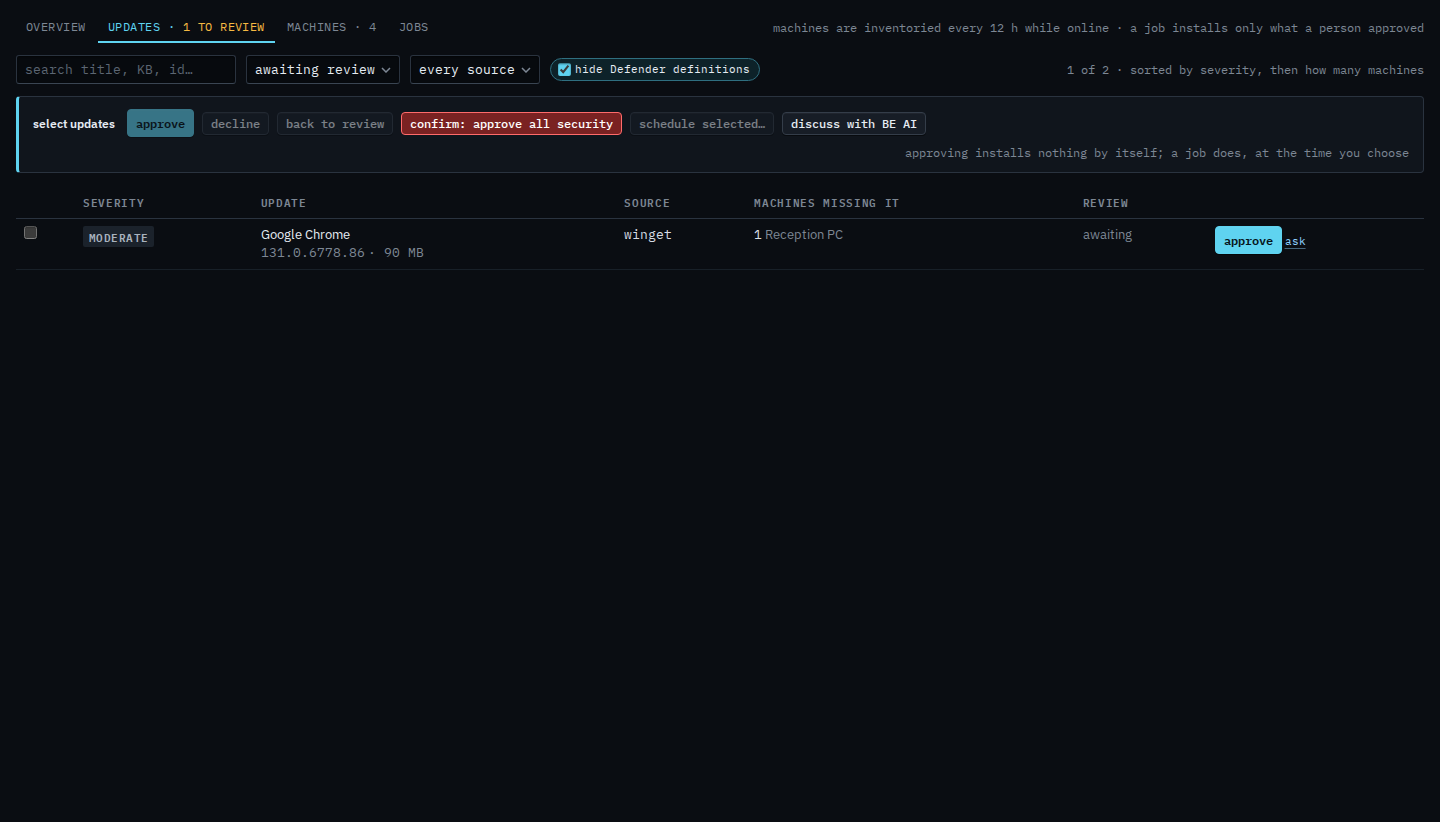 Patches updates tab with approve all security asking to confirm