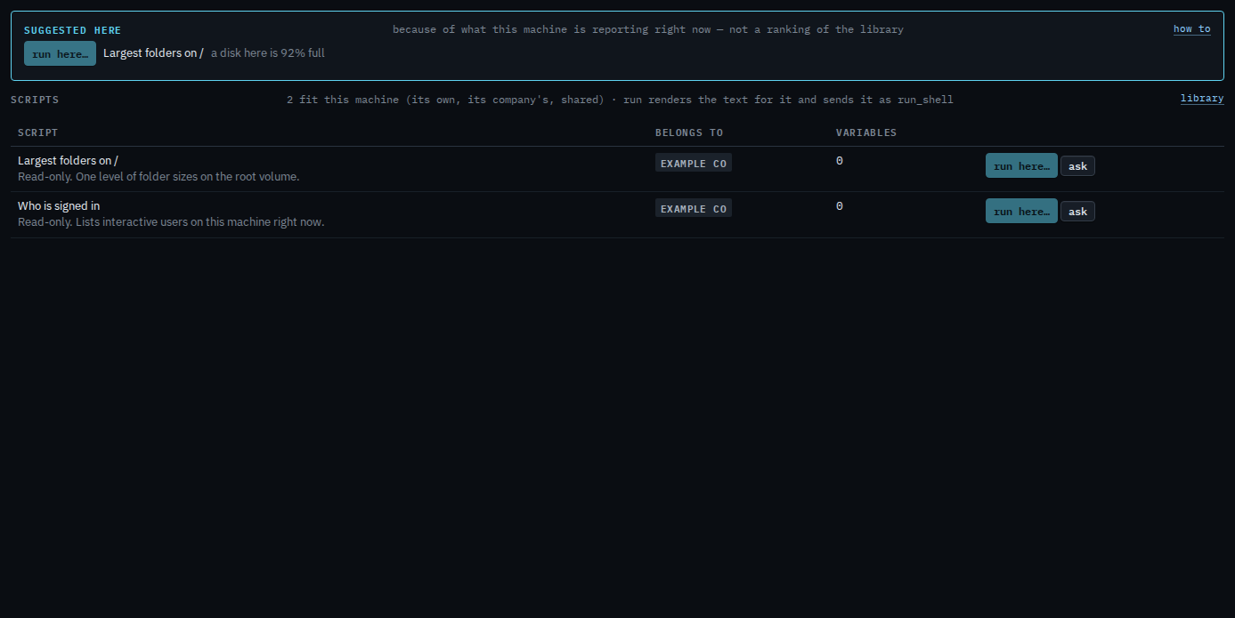 Machine scripts tab with an ask button on each script
