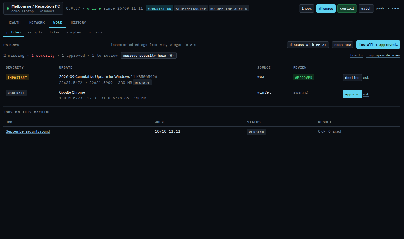 Patches tab with an ask link on each missing update