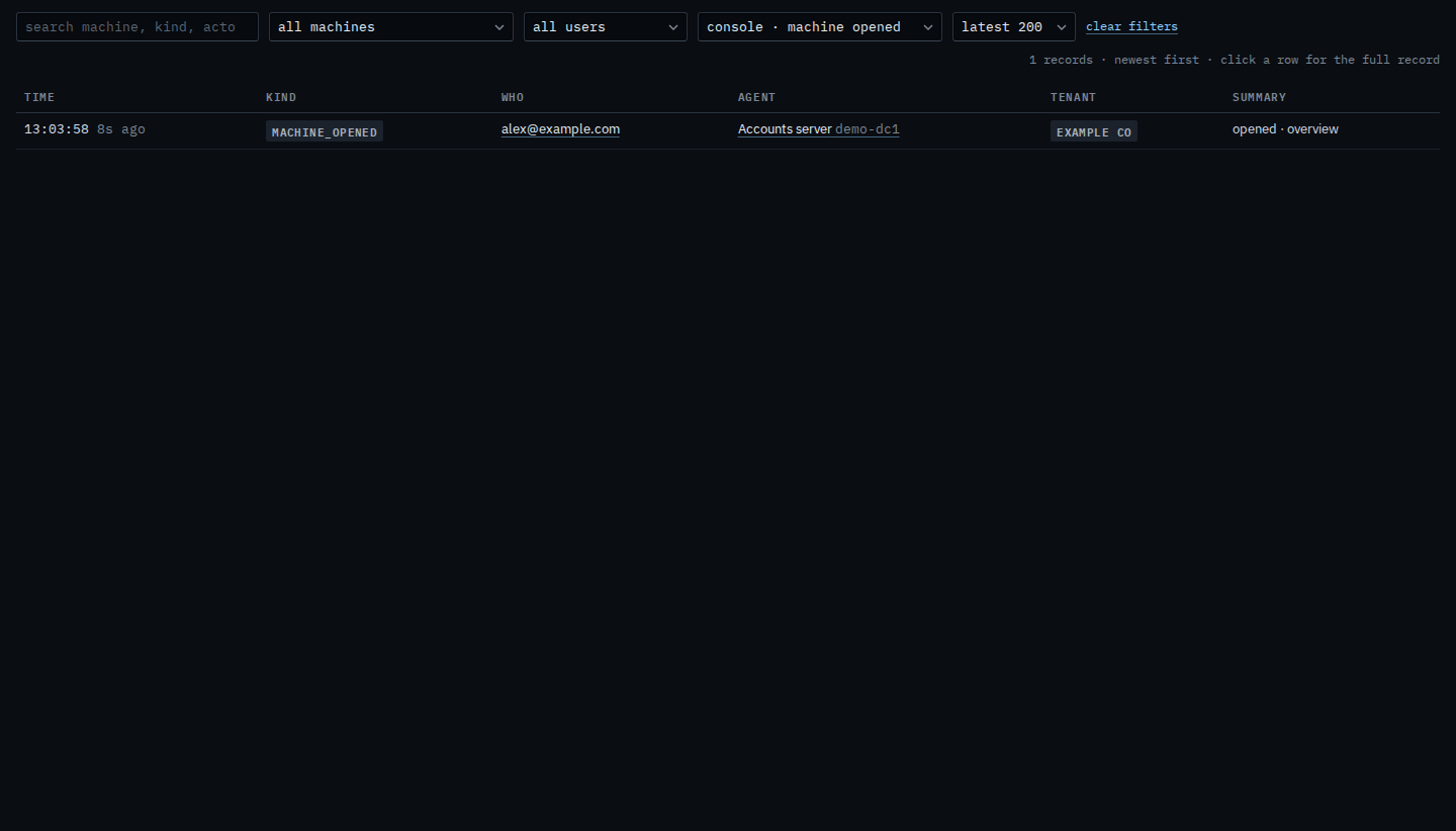 Audit trail filtered to machine opened, showing only the opening of Accounts server