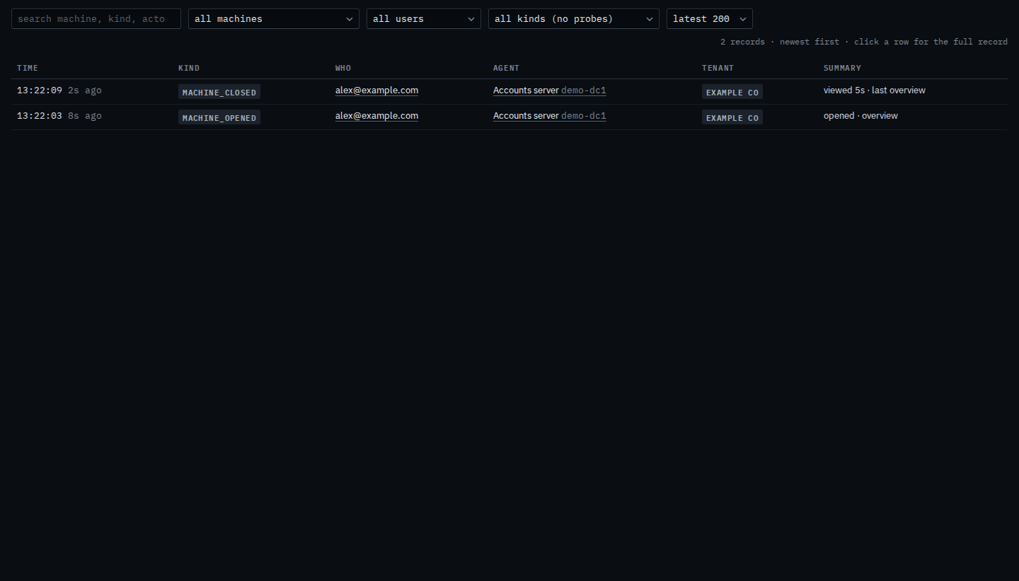 Audit trail for every machine, with the opening and leaving of Accounts server