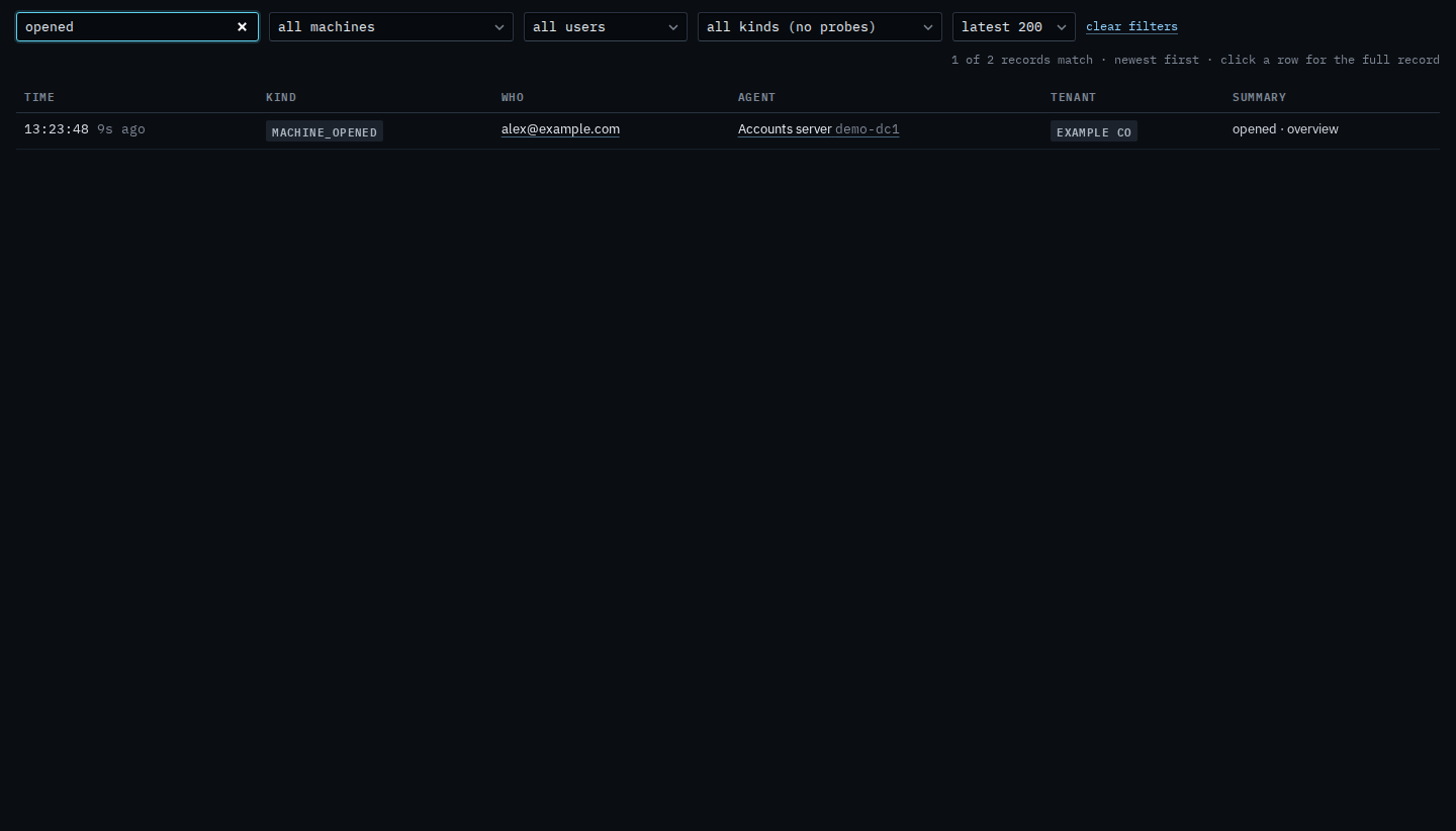 Audit search for opened, showing only the machine opened line