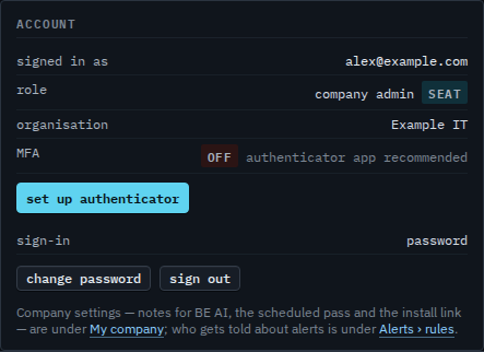 Settings account card with a change password button