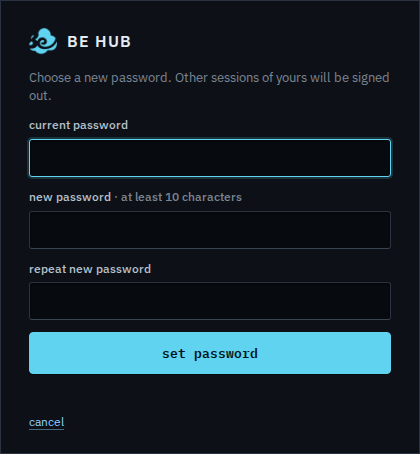Change password card with current password, new password, and repeat